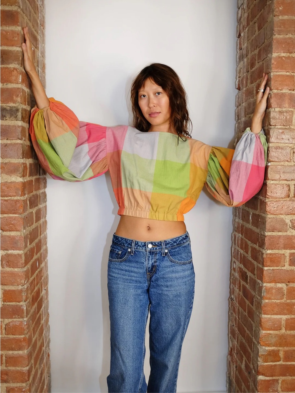 Rujuta Sheth Elizabeth Top in Jupiter Chex w/ statement sleeves, size XS